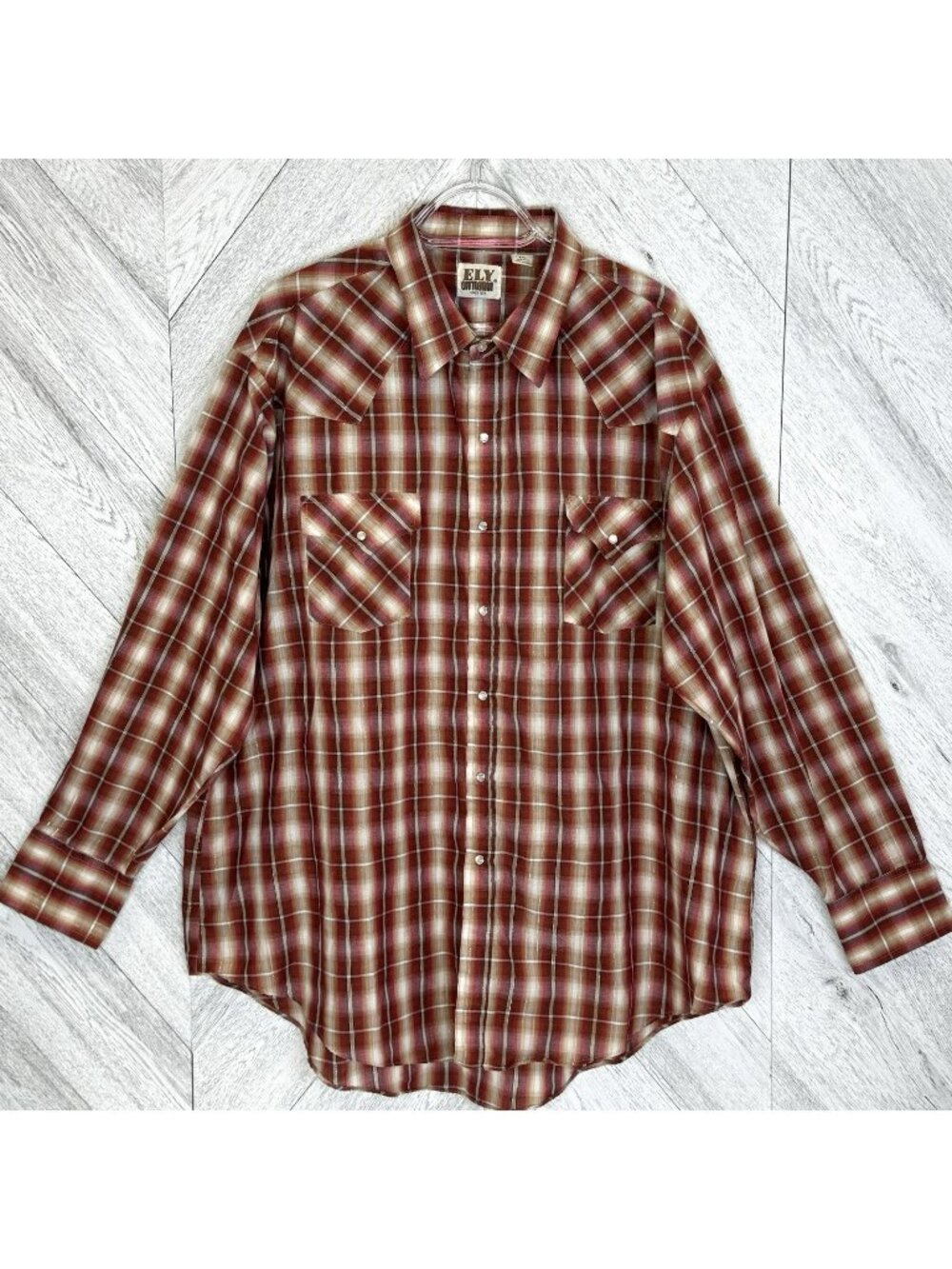Ely Cattleman Western Pearl Snap Shirt Mens Size XXL Red Metallic Plaid Cowboy